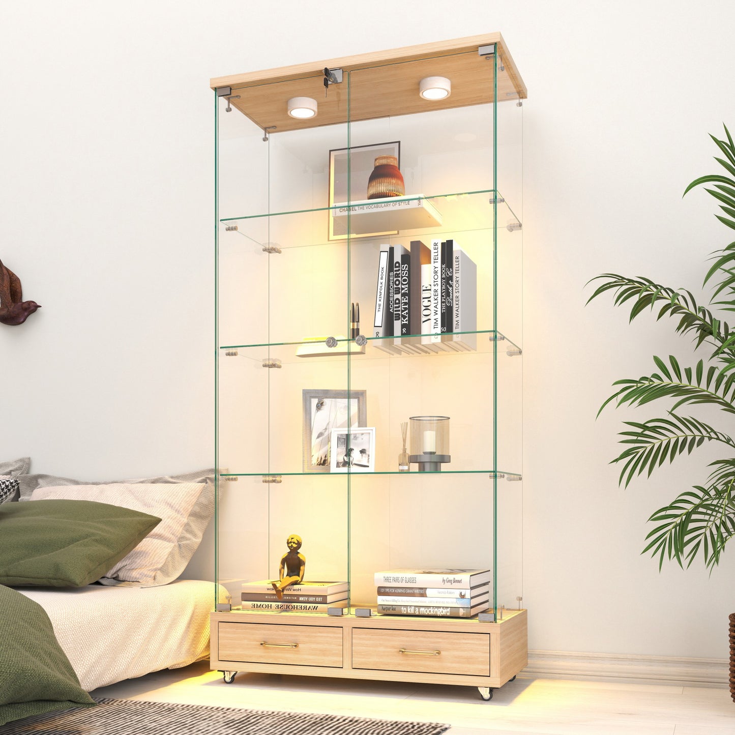 Modern Glass Display Cabinet With 2 Large Drawers , Quick-assembly Antique Cabinet With LED Lights, Tempered Glass Bookshelf, 2-Door Storage Case With 4 Shelves  For Living Room And Bedroom, Natural