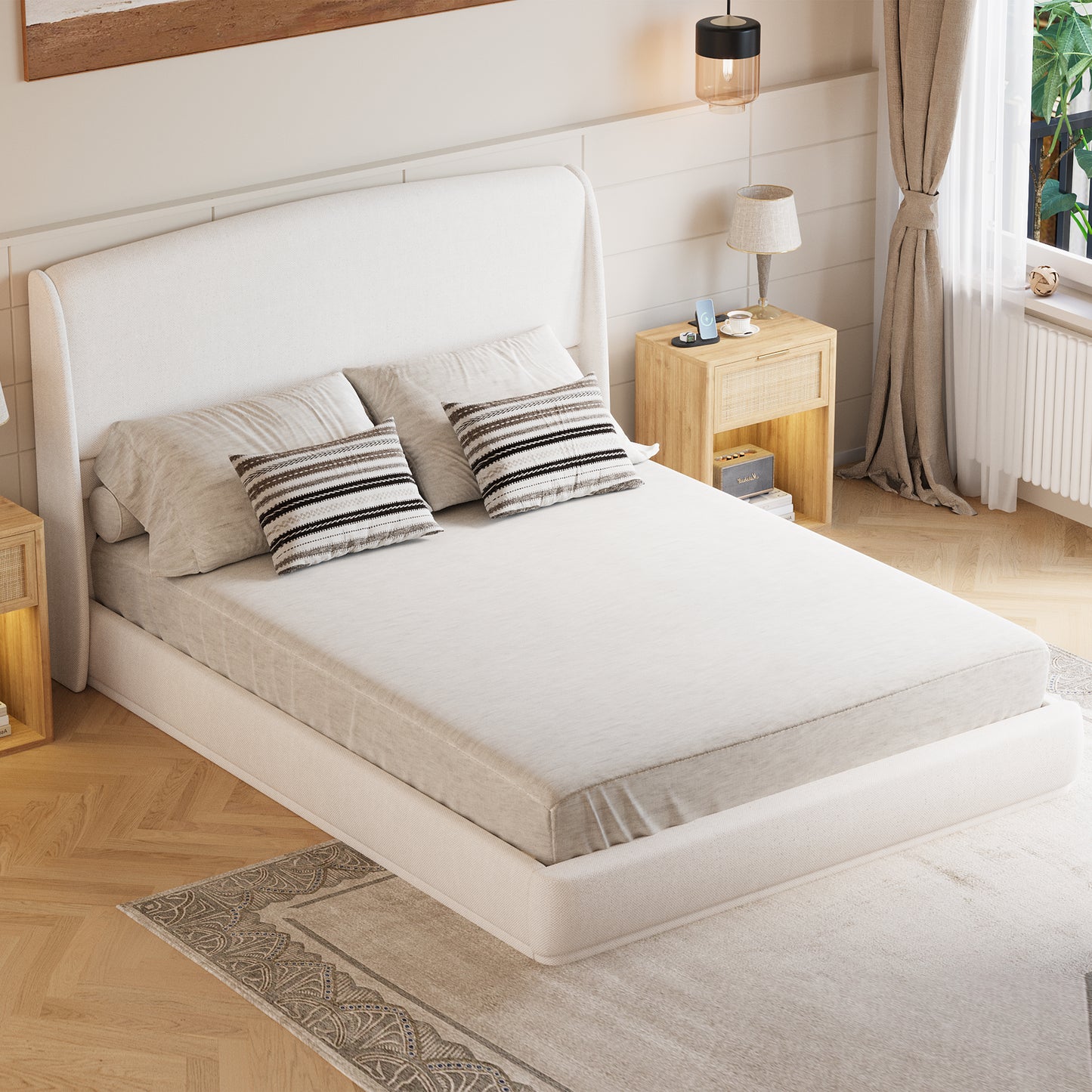 Upholstered Queen Bed Frame With Wingback Headboard, Low Profile Platform Bed With Padded Headboard, No Box Spring Needed, Easy Assembly, Elegant Linen Fabric, Beige