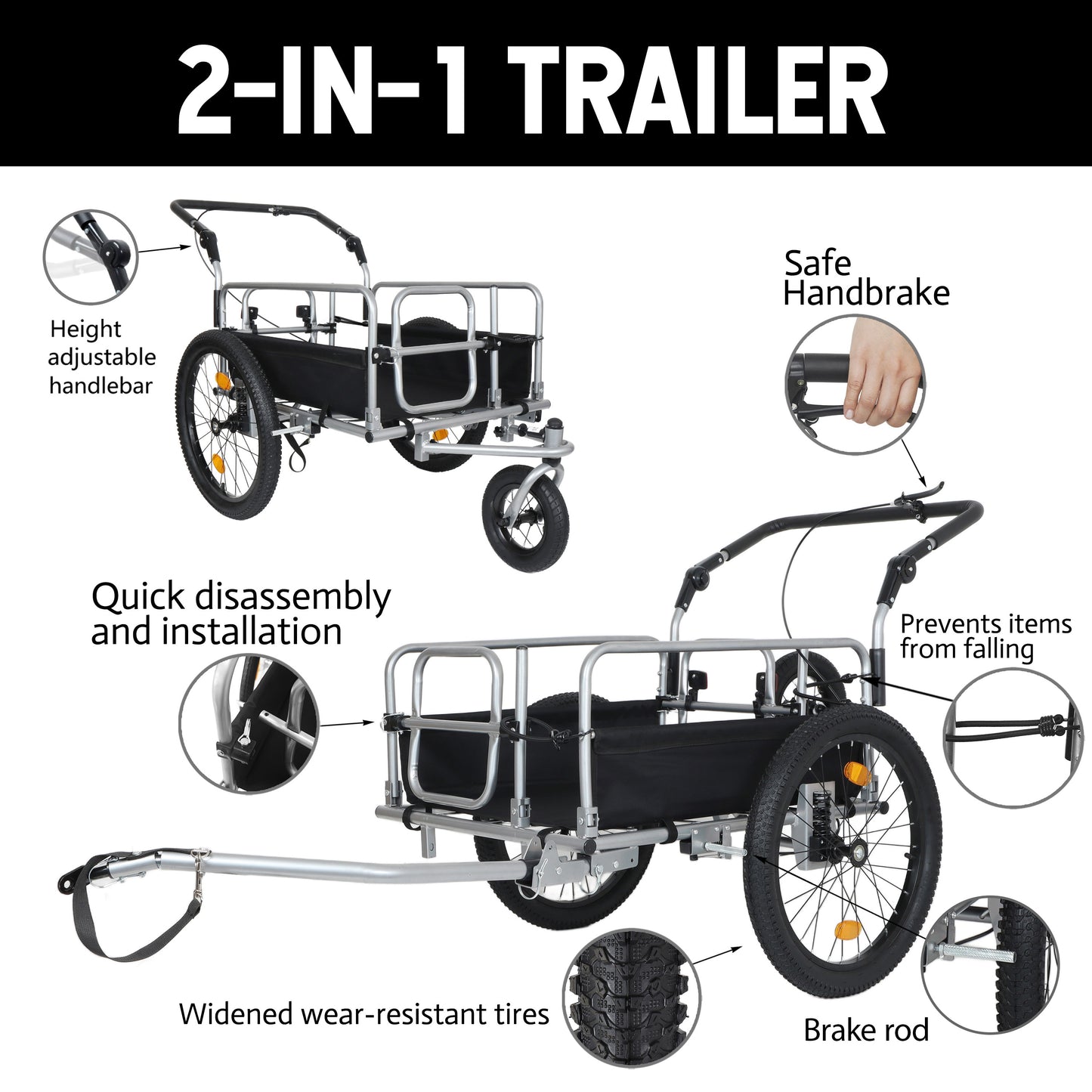 3- In- 1 Heavy- Duty Bike Cargo Trailer - Bike Compatible Steel Frame  110lb Capacity  Convertible Stroller & Pull Cart W Suspension  20 X2- 3 8  FAT Tire