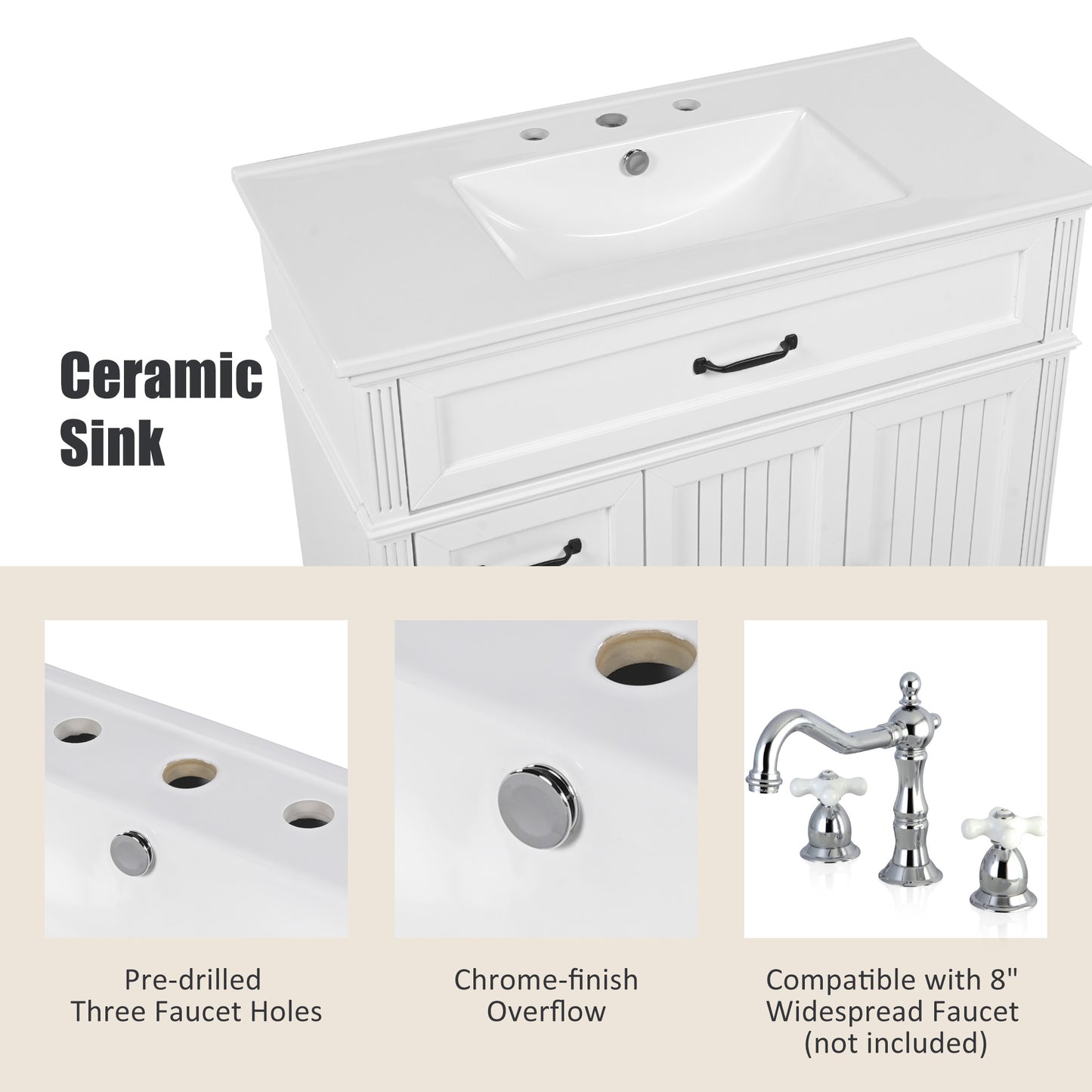 36  Bathroom Vanity With Sink, Bathroom Cabinet With Drawers, Solid Frame And MDF Board, Two Packages, White Same
