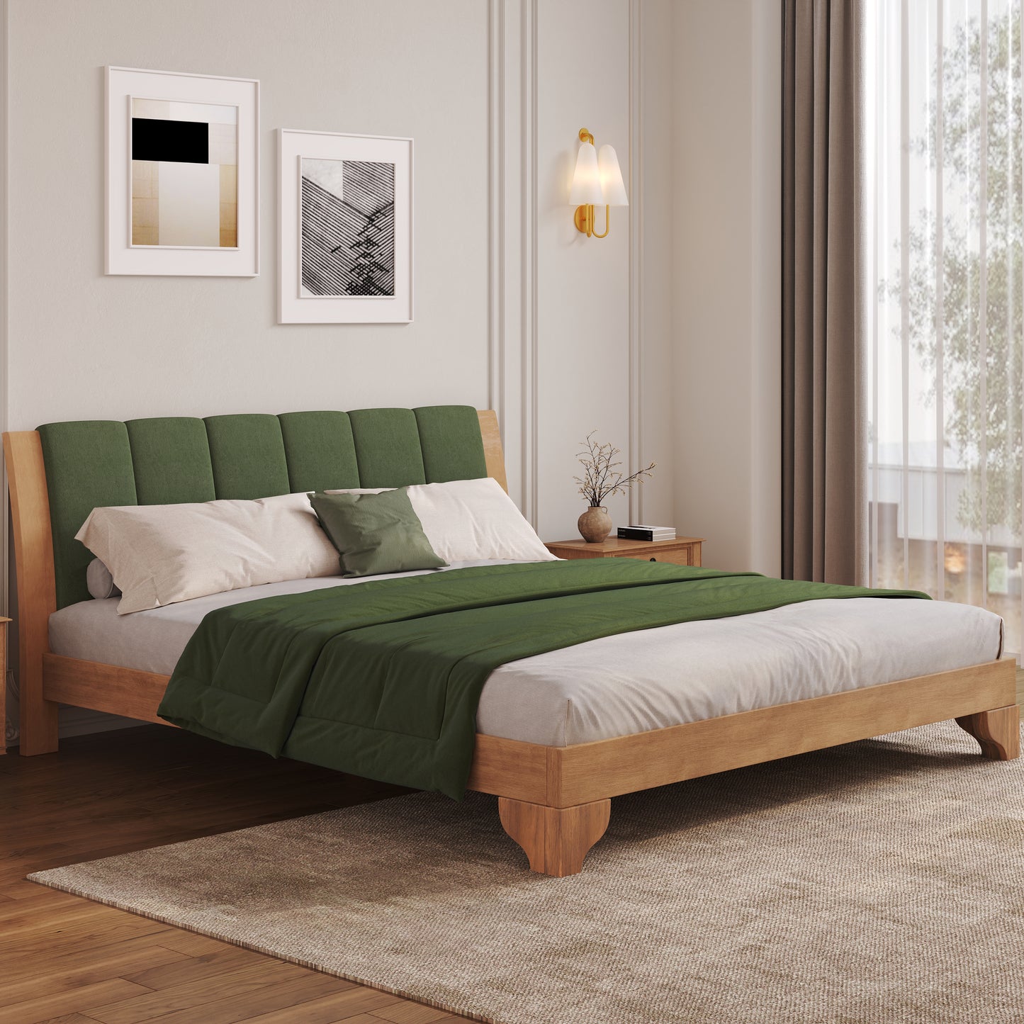 Premium Pine Wood King Bed Frame,King Size Bed Frame With Headboard Included,Mid Century Modern Bed,Natural&Green Color