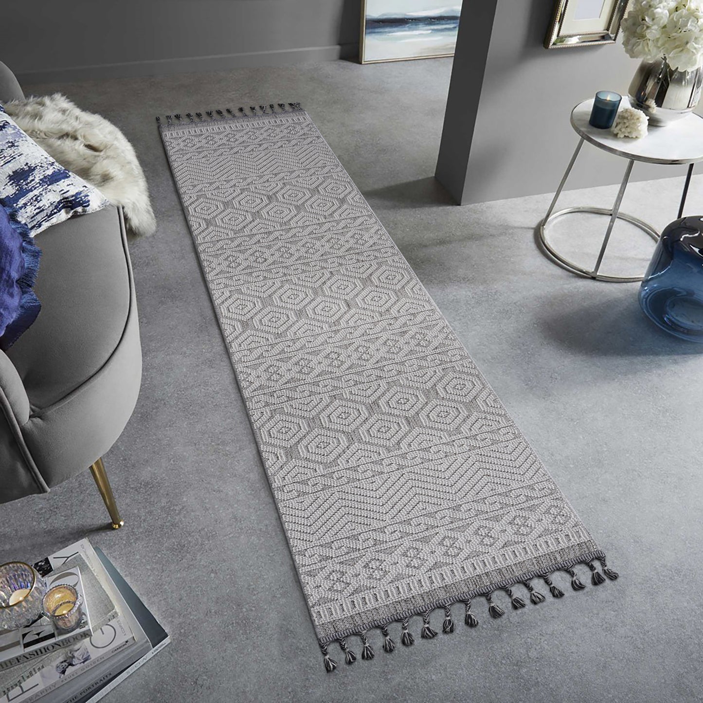 Guros  2X8 Grey  White  Geometric Indoor  Outdoor Runner Rug