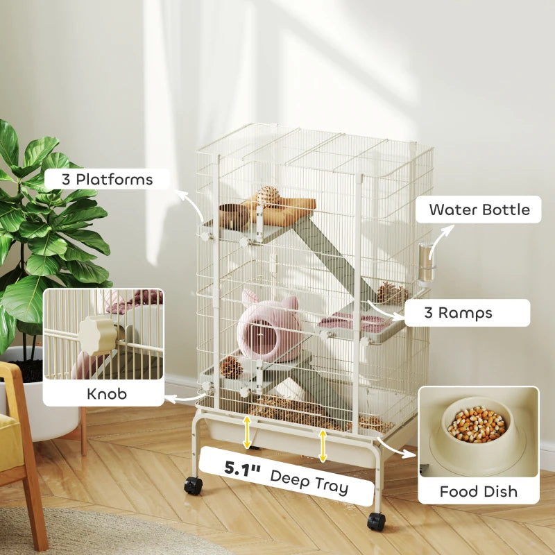 47inch Small Animal Cage, 4 Levels Large Rolling Metal Ferret Cage W 5.9Deep Tray, Ramps, Water Bottle, Food Dish, Beige
