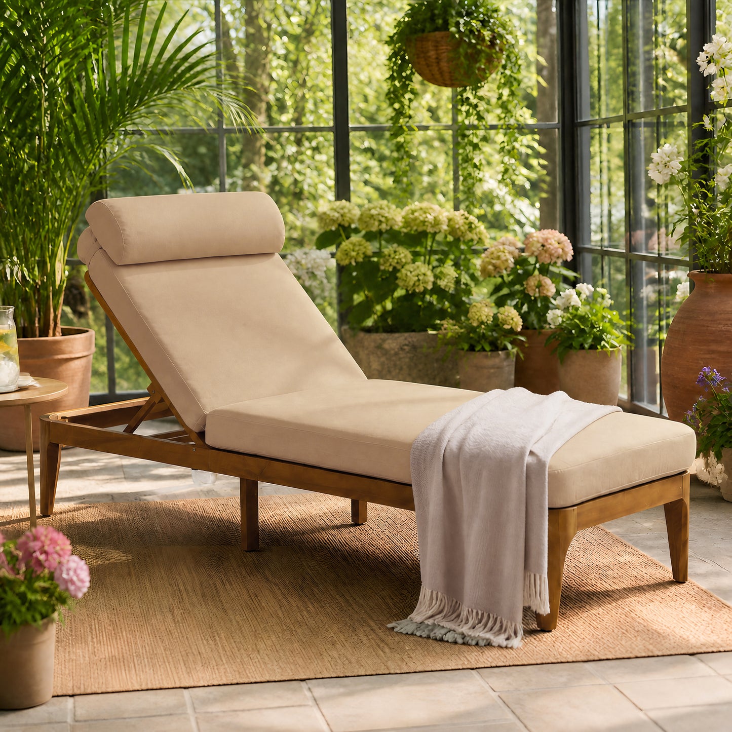 TOPMAX Acacia Wood Chaise Lounge, Outdoor Sun Lounge Chair, Patio Recliner With Adjustable Backrest And Head Pillow For Poolside, Backyard, Garden, Indoor&Outdoor, Coffee Brown