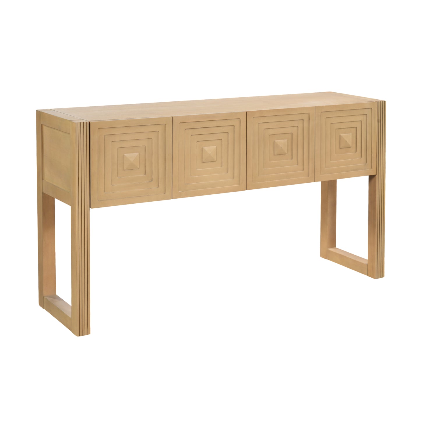 Video  Geometric Carved Console Table With 3 Soft-Close Drawers, Fluted Leg Details, Entryway Sofa Table For Living Room Hallway, Light Brown