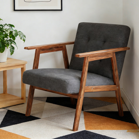 Mid Century Modern Accent Chair With Walnut Finish Thick Comfy Seat Cushion Upholstered Living Room Lounge Arm Chair For Living Room Bedroom Office Waiting Area Dark Grey