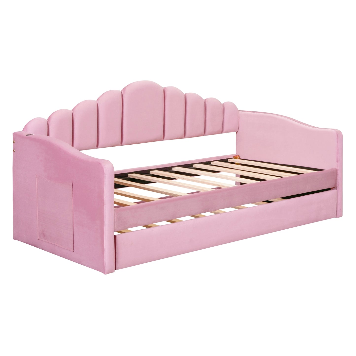 Twin Size Upholstered Daybed With Trundle ,Velvet Sofabed With USB Charging Ports,No Box-spring Needed,