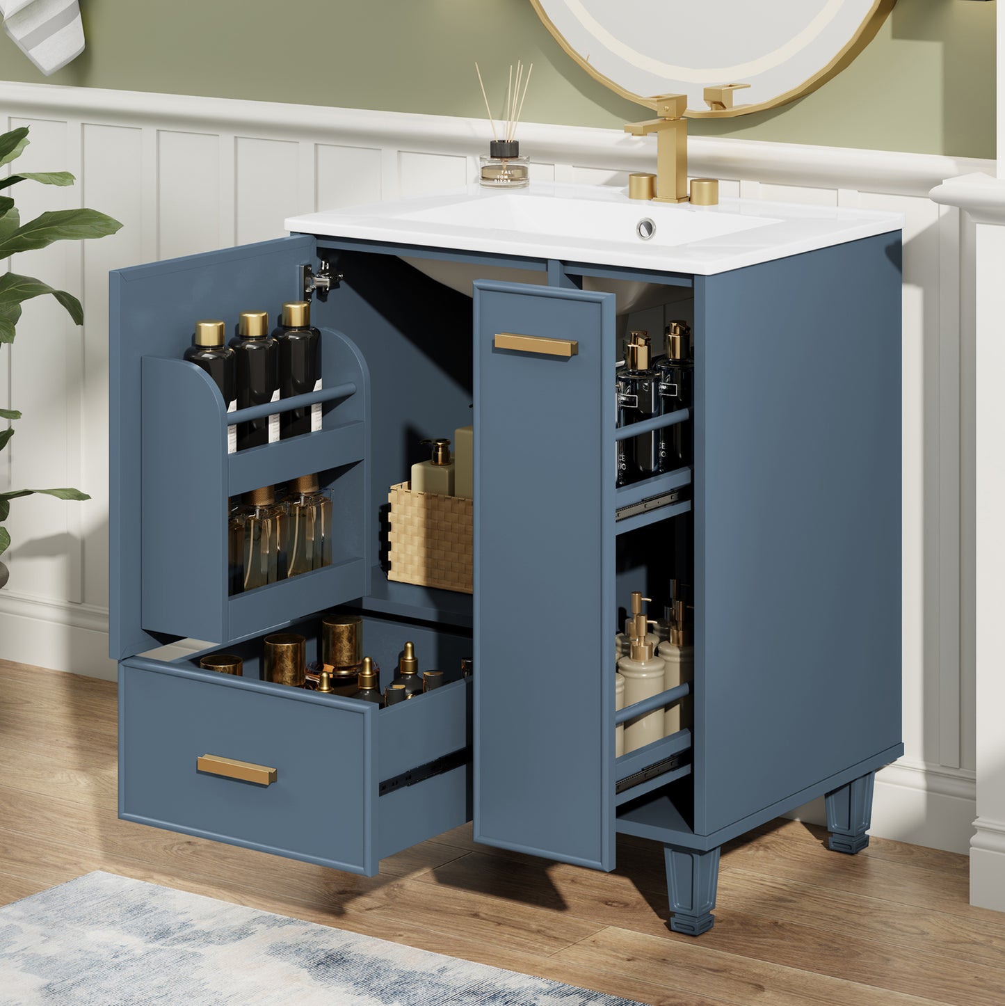 24  Bathroom Vanity With Sink, Bathroom Cabinet With Door Shelf, Deep Drawer, 2-Tier Pull-Out Basket, Solid Wood Frame And MDF Board, One Package, Grey Blue