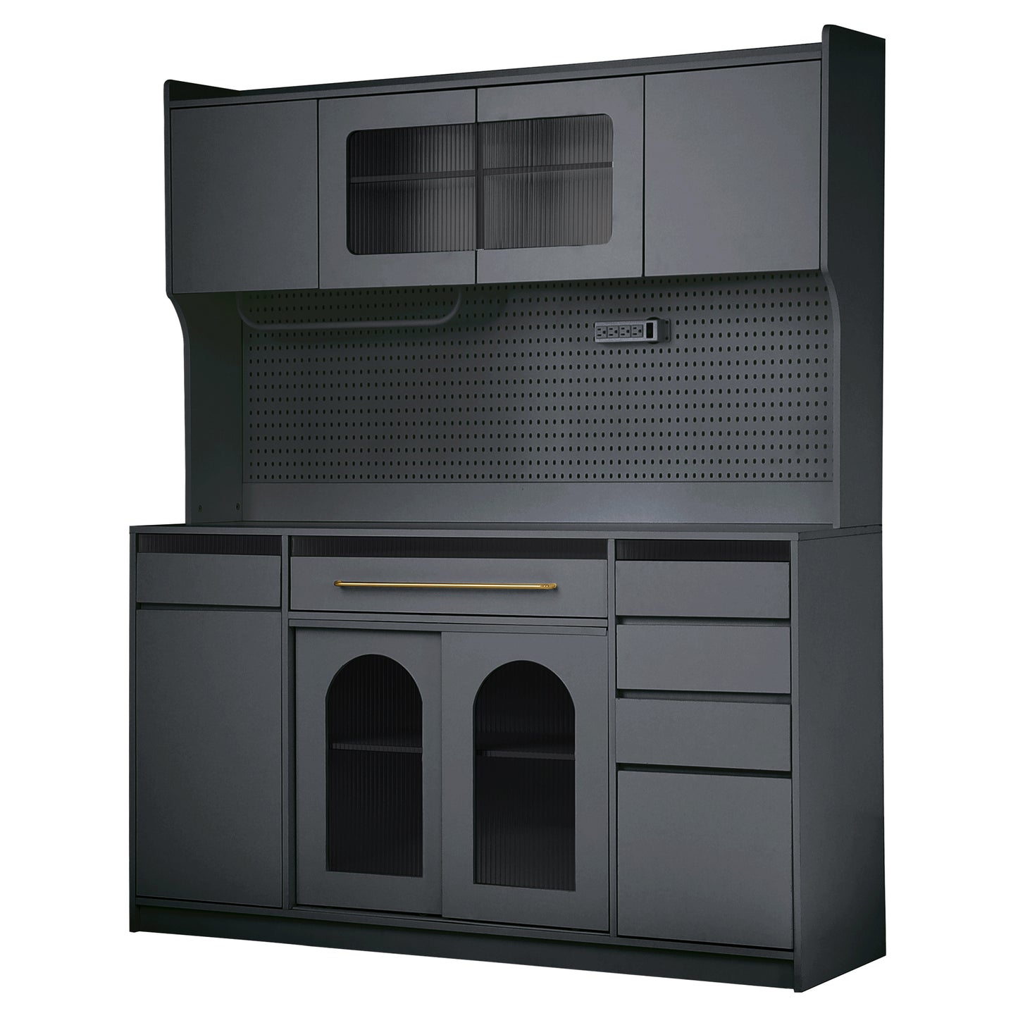 TOPMAX Freestanding 63 W Buffet With Hutch, Large Coffee Bar Storage Cabinet With 6 Drawers, 5 Cabinets With Adjustable Shelves,Pegboard,Towel Rack, Power Outlet,Black