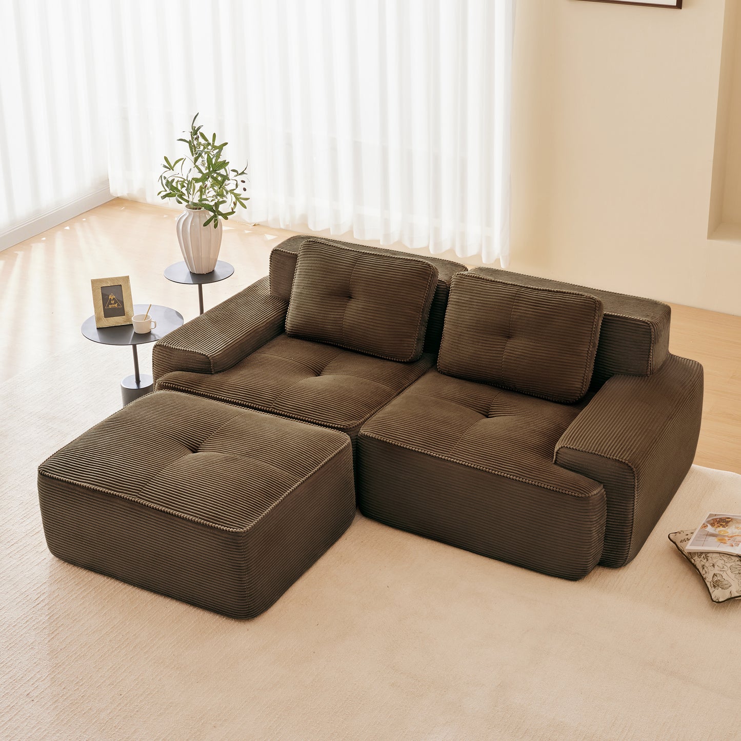 82 Modern L-Shaped Modular Sectional Sofa For Living Room, Corduroy Fabric, 2-Seater Couch With Deep Seat And Movable Ottoman, Pearl-like Piping, Tufted Design, No Assembly, Anti-slip Design, Brown