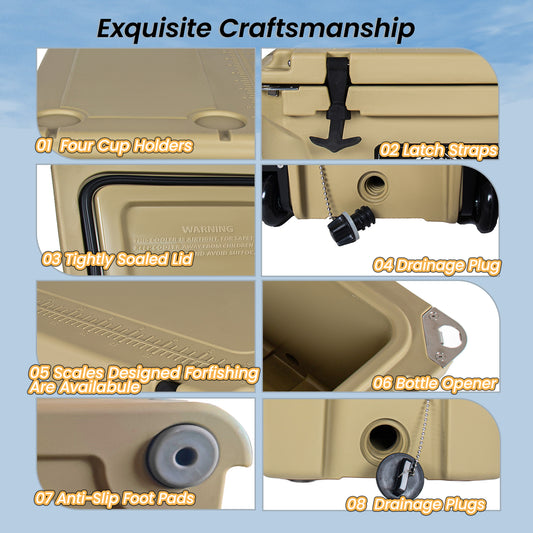 110 Quart Khaki Cooler, Rotomolded Insulated Ice Chest - Heavy-Duty Hard Shell Cooler With 6-10 Day Ice Retention For Camping, Fishing, Tailgating & Outdoor Adventures