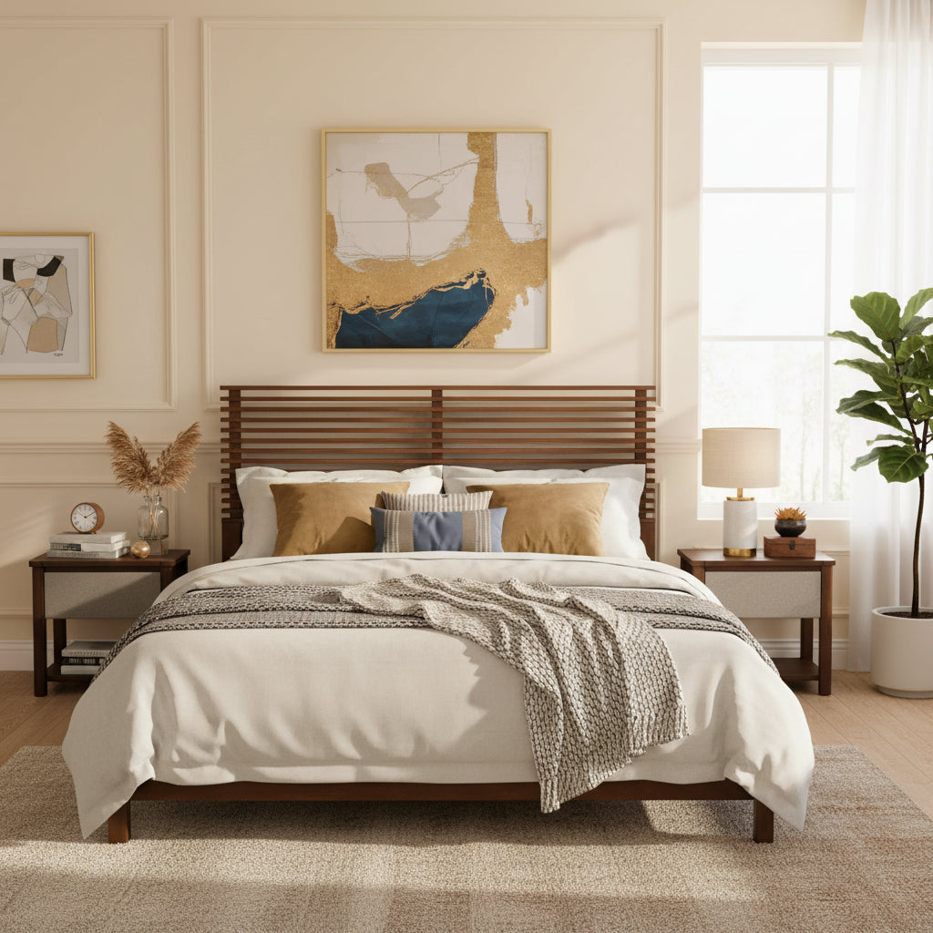 Premium Solid Wood King Size Bed Frame With Headboard, -Walnut Color, 600lbs Capacity, For Modern Bedroom,No Box Spring Needed, Fits All Mattresses
