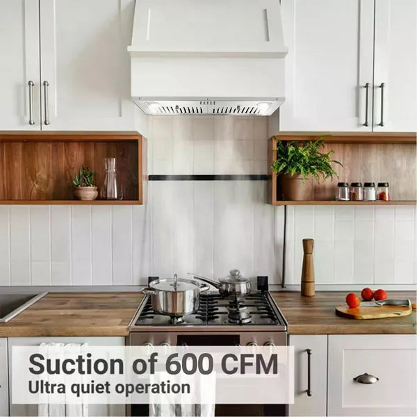 30 Inch Insert Range Hood 600 CFM;  Built-in Stainless Steel Range Hoods With Right Button Controls And Back LED Lights; Kitchen Hood For Over Stove; Ducted/Ductless Convertible Vent Hood