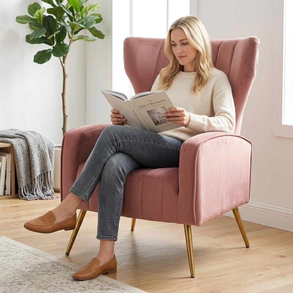 Velvet Accent Chair With Metal Legs, Modern Upholstered Armchair, Wingback Side Chair For Living Room Bedroom Small Spaces
