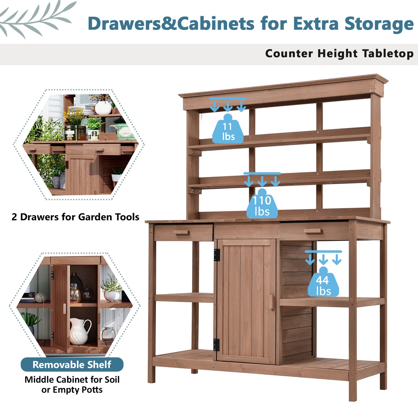TOPMAx 66  Large Outdoor Farmhouse Wooden Potting Bench Table  Garden Workstation With 2 Drawers  Cabinet And Open Shelves For Backyard  Mudroom  Brown