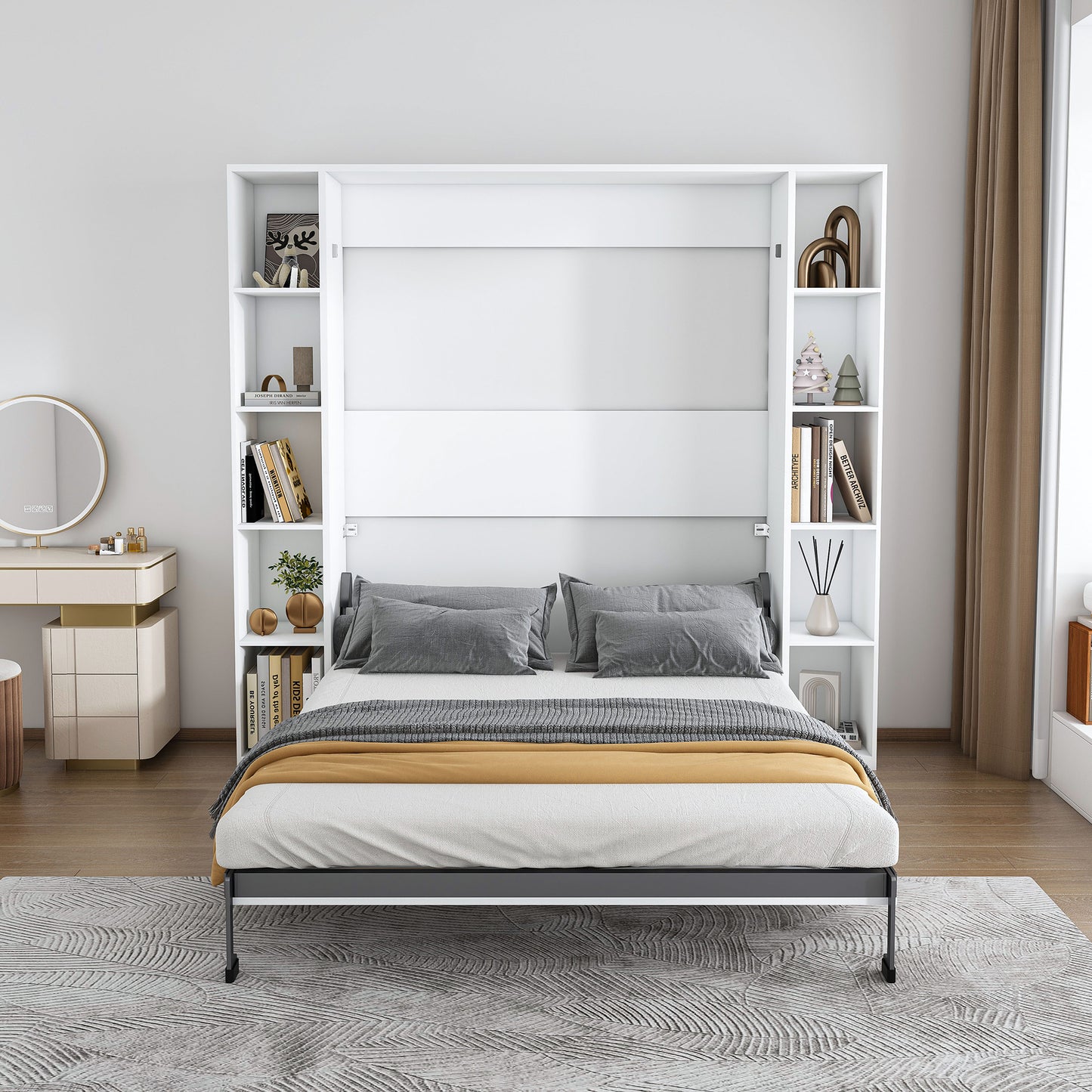 Queen Murphy Bed, 89.7-inch Foldable Wall Bed, With Storage Cabinet, With Hardware Bed Frame And Solid Wood Support Strips, Hidden Bed Frame, Suitable For Bedrooms, Guest Rooms, White