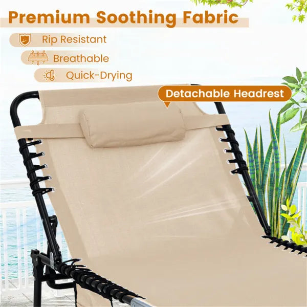 Oversized Patio Chaise Lounge, 27 Wide 4-Position Adjustable Backrest Folding Tanning Chair-Beige