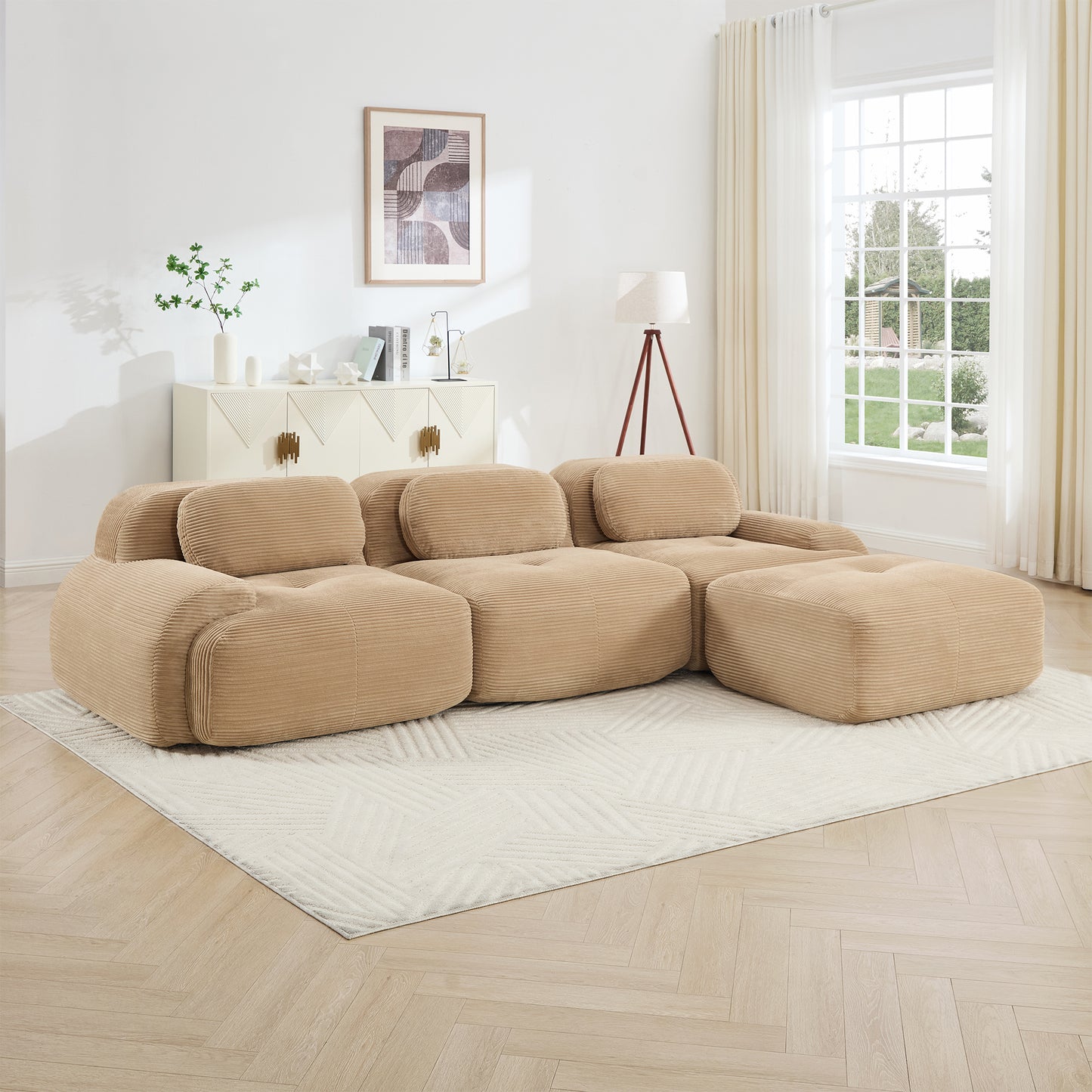 L-shaped Modular Sofa No Assembly Ergonomic Design Pet-friendly LuxuryCorduroy Fabric Fabric Extra-wide Curved Armrests 32D High-resilience Sponge For Living Rooms Bedroom ,Camel