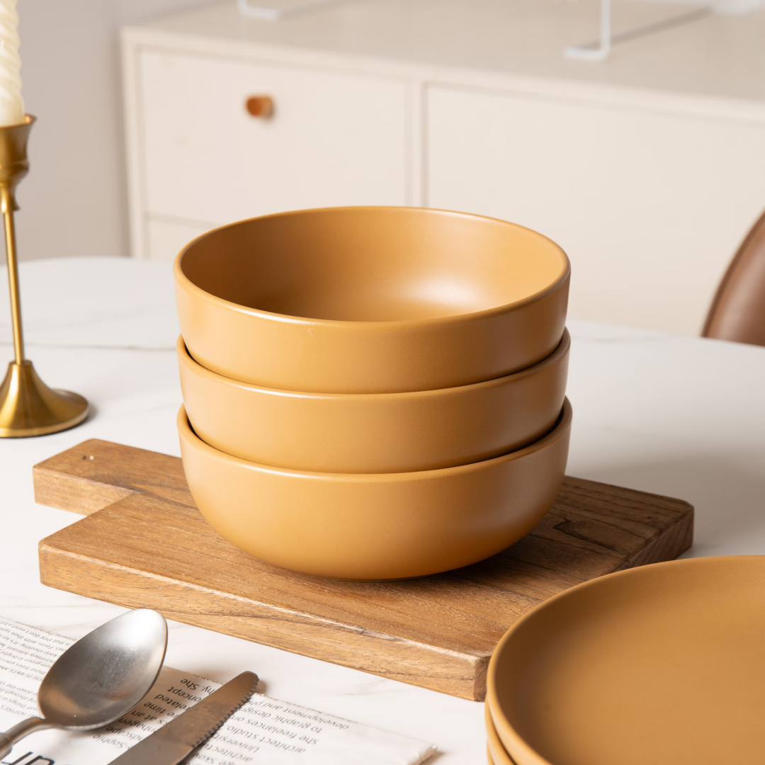 12-Piece Stoneware Dinner Plates Bowls Sets   Microwave & Dishwasher Safe   Non-Toxic Dinner Plates Bowls Set   Stackable Matte Glaze Kitchenware For 4