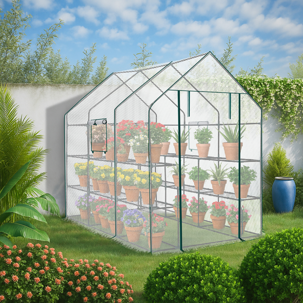 Large Walk-in Greenhouse With PE Cover & Side Windows, 12-Shelf Indoor Outdoor Portable Greenhouse For Garden Backyard, 56 X 85 X 77inch, White