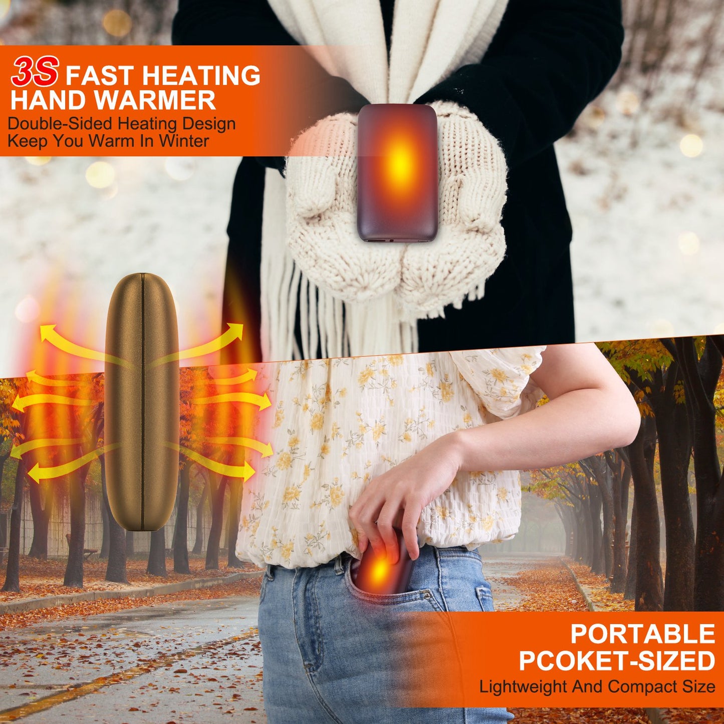 1Pc Electric Double Sided Hand Warmer Battery Backup Power Bank Rechargeable Hand Heater With 3 Temperature Levels Portable Pocket Warmer