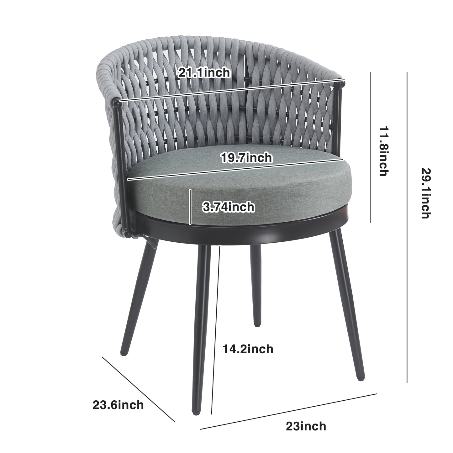 Outdoor Dining Chair-Metal & Rope With Light Gray Cushion Patio Furniture,Weather-Resistant Patio Chairs With Cushions,MP2 Set Of 2