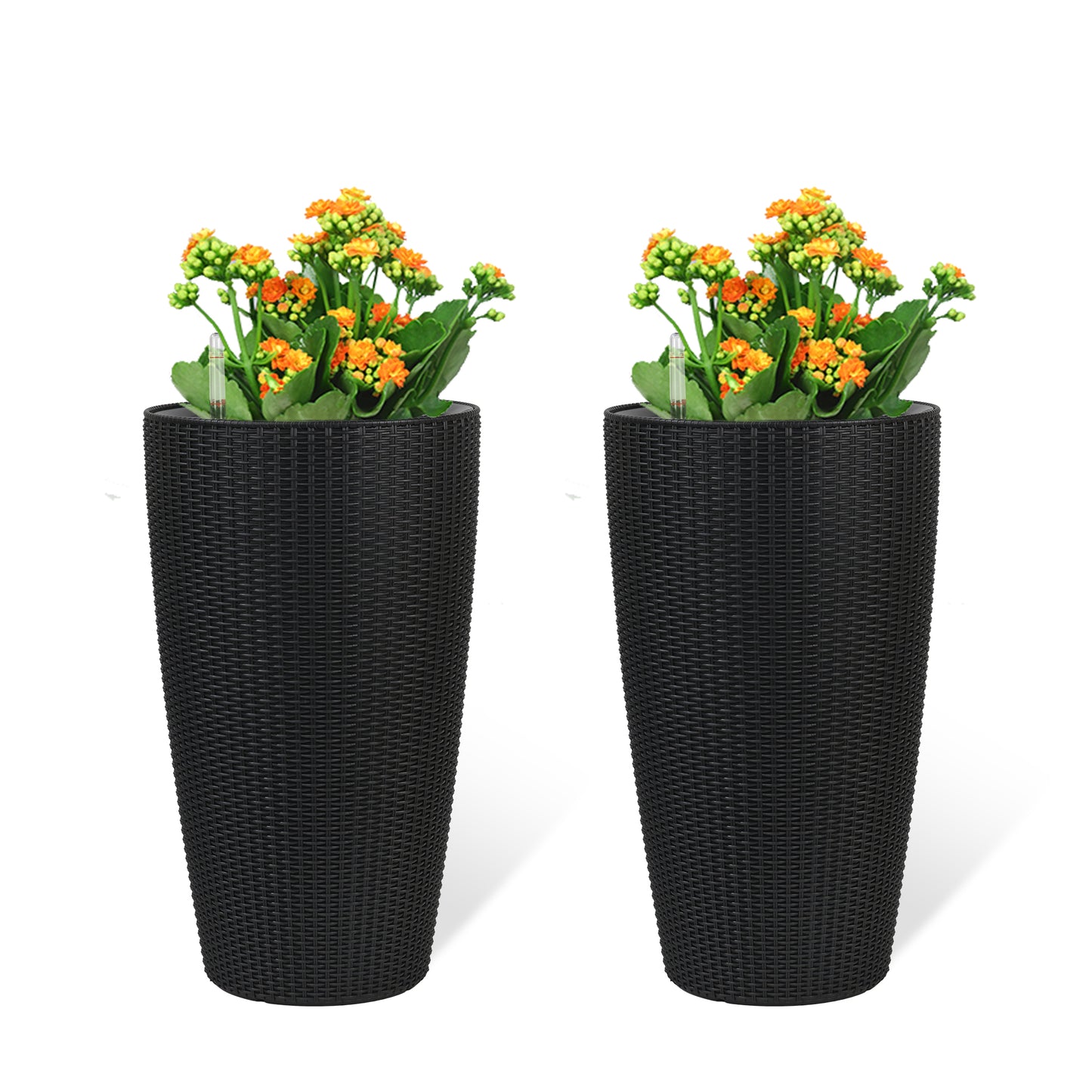 Set Of 2 Faux Rattan Tall Planters Outdoor Indoor Large Planters With Water Level Monitor Inner Bucket, Automatic Watering, Flower Plant Pots For Garden, Patio, Porch,  Black, 22 Inch
