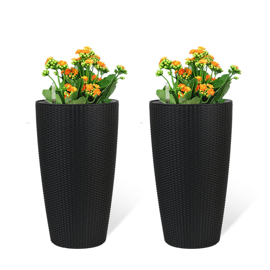 Set Of 2 Faux Rattan Tall Planters Outdoor Indoor Large Planters With Water Level Monitor Inner Bucket, Automatic Watering, Flower Plant Pots For Garden, Patio, Porch,  Black, 22 Inch