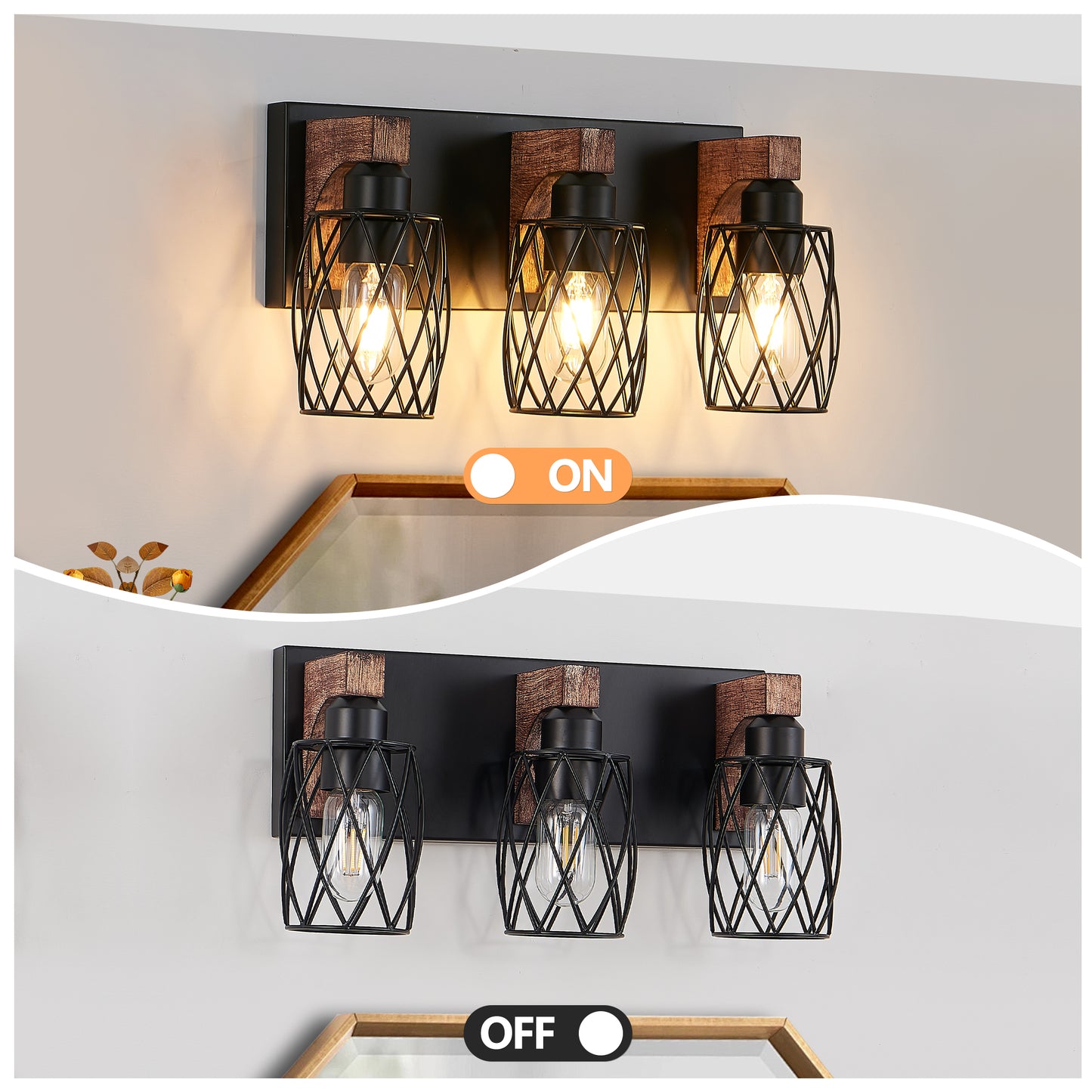 18 Industrial Vintage 3-Light Wall Sconce - Black Cage Wall Lighting Fixture With Wooden Accents For Bathroom, Hallway, Or Living Room  Bulb Not Included