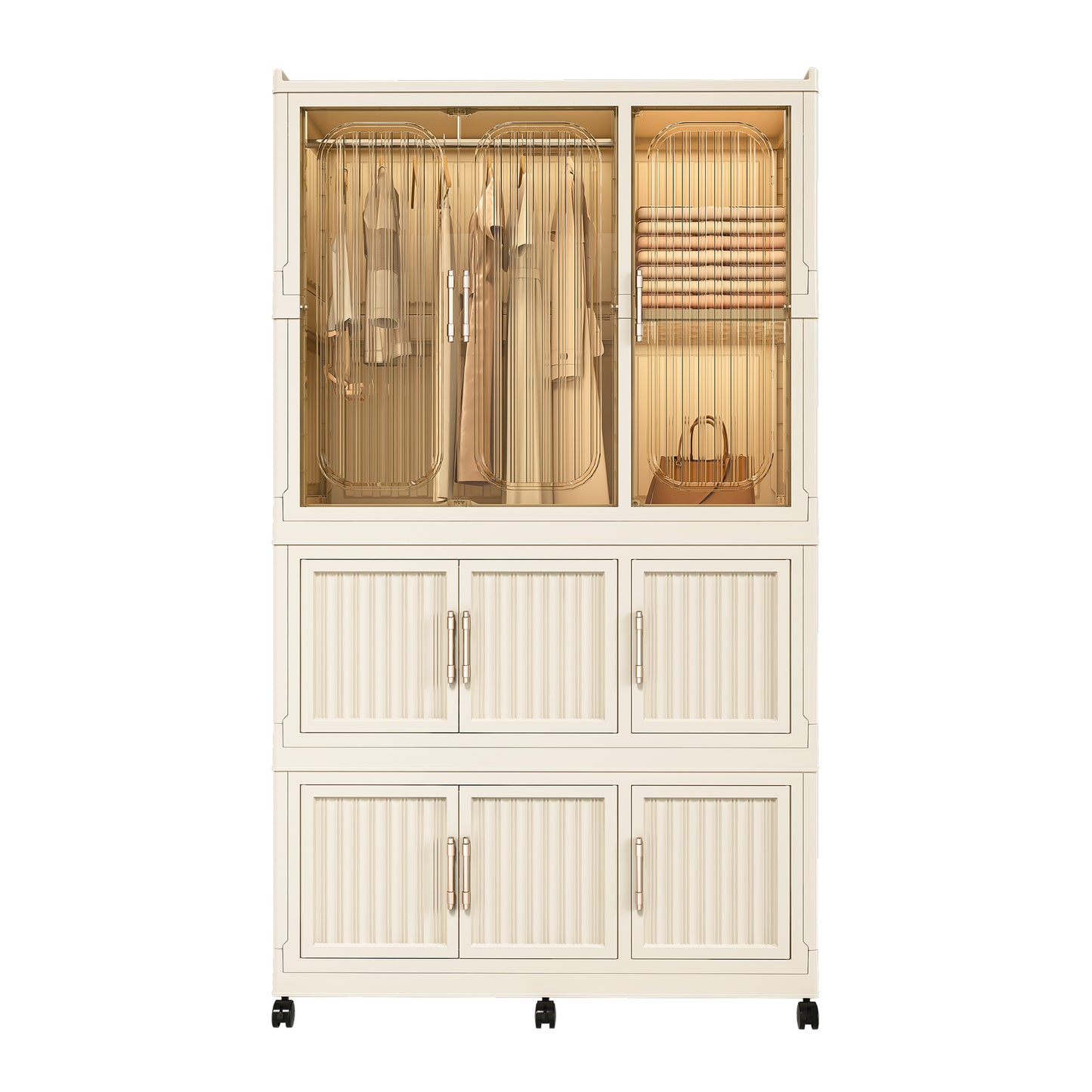 Portable Wardrobe Closet Storage Organizer For Clothes,Clothes Dresser,9 Magnetic Doors-9 Cubes & 1 Hanging Rod,6 Pcs Hangers , Baby Wardrobe Storage Cabinet,White