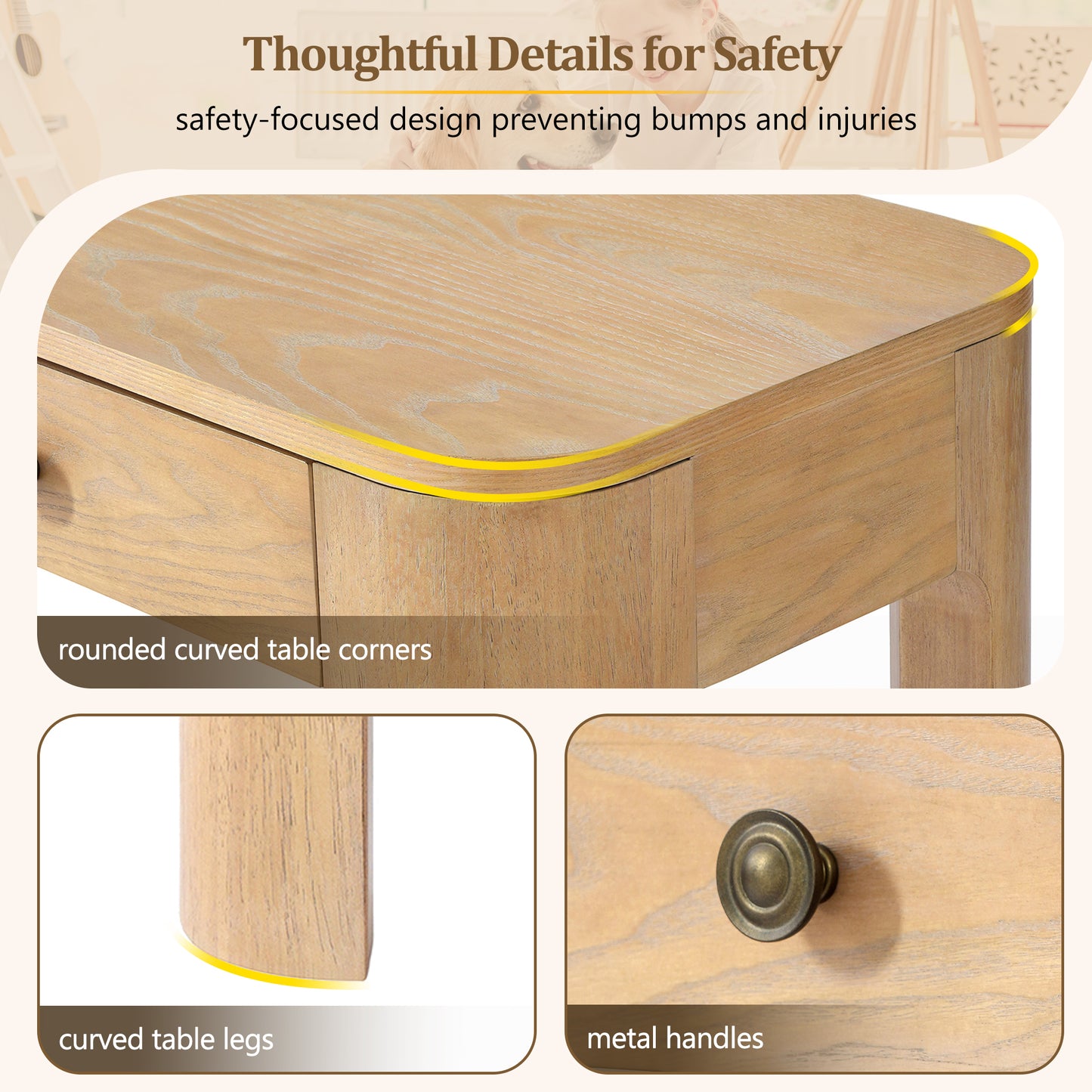 TREXM Rustic Console Table With Curved Corners For Safety  Entryway Table With 3 Concealed Drawers  Sturdy Sofa Table With Thick Legs For Hallway & Living Room  Light Oak