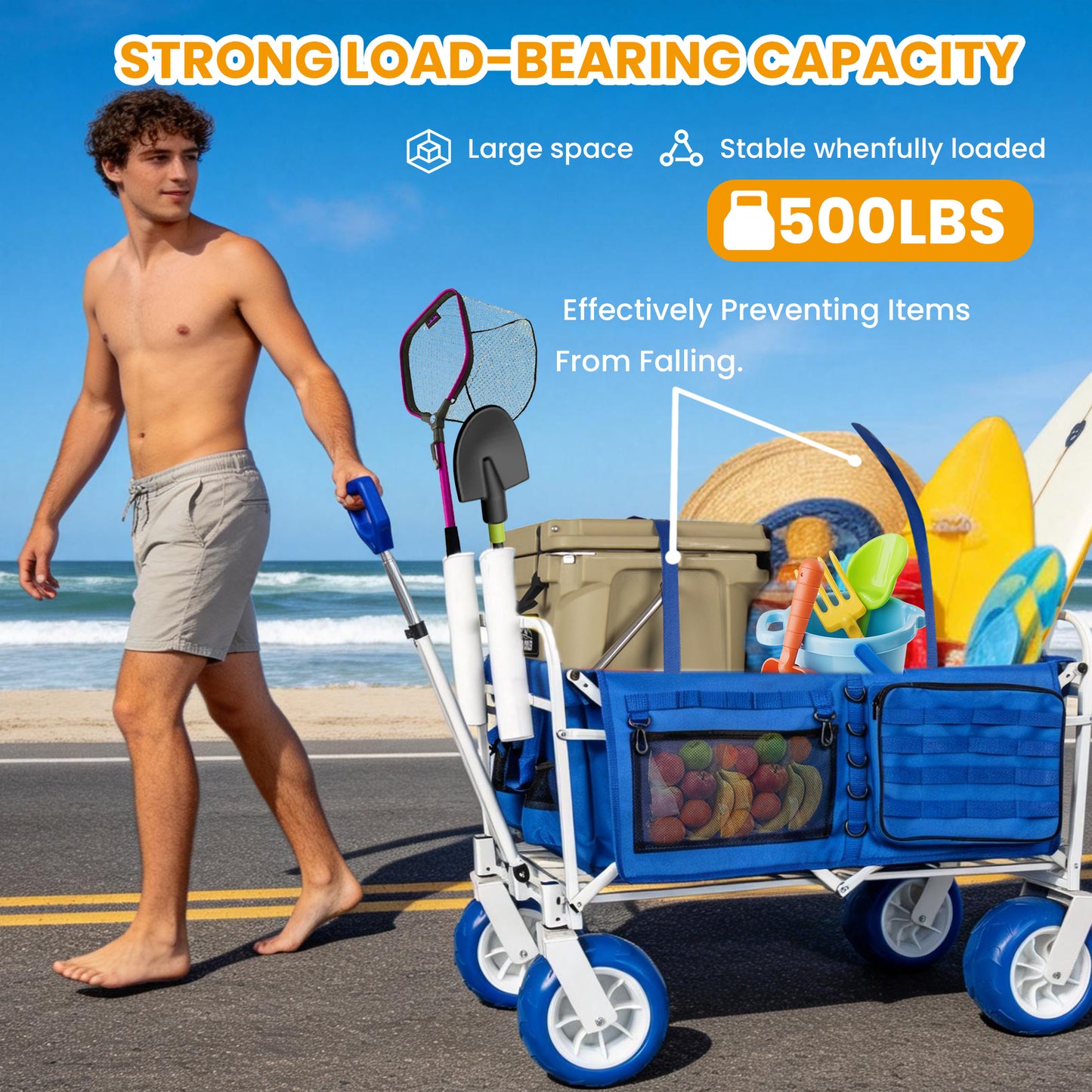 Beach Wagon Cart With Rod Holders And 9  All- Terrain Wheels  500lbs Heavy Duty Collapsible Folding Wagon  Adjustable Handle  Cooler & Storage Bags For Beach  Camping  Garden & Outdoor Sports  Blue
