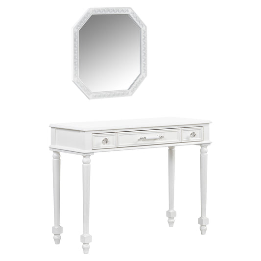 Retro Makeup Desk With Large Mirror, 3-Drawer Dressing Table For Jewelry Storage, Elegant Console Table For Bedroom, Living Room, Hallway & Foyer,White