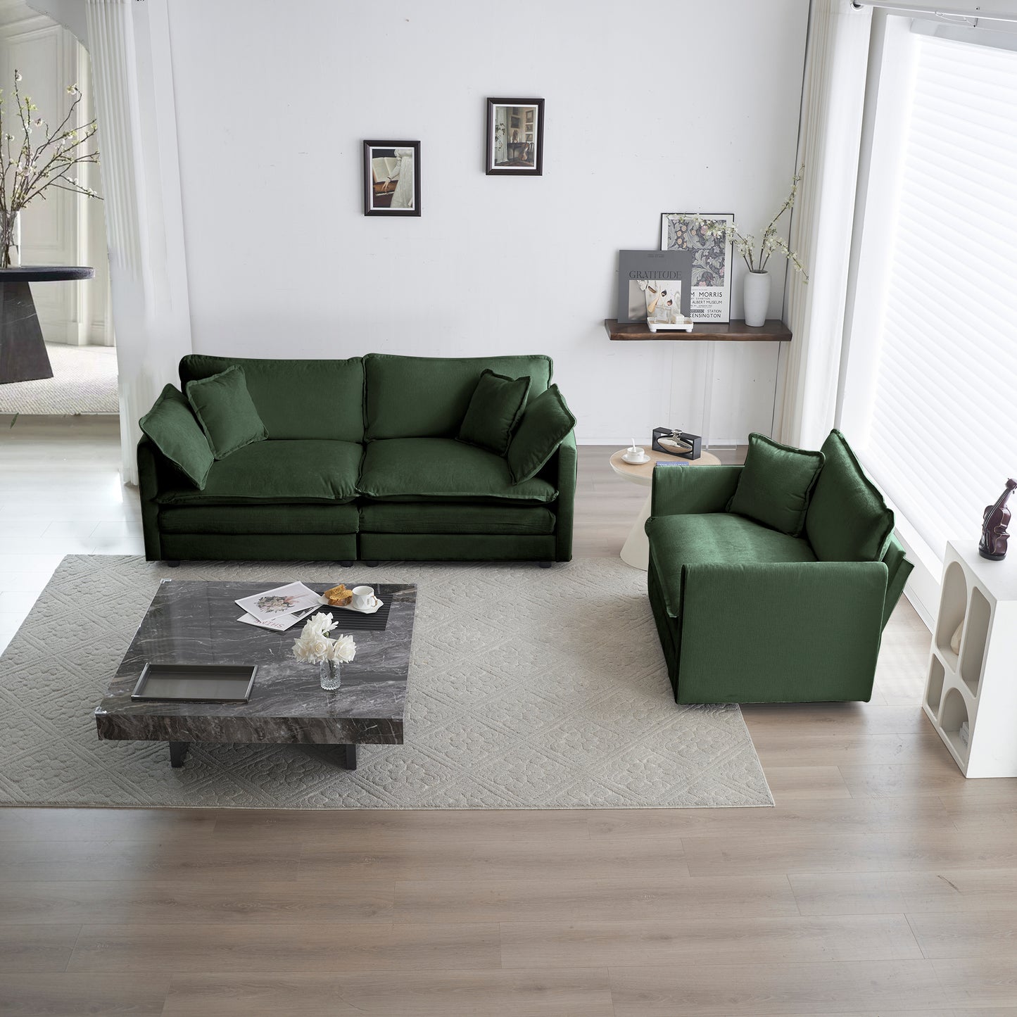 3 Piece Sofa Set With Arm Pillows And Toss Pillows , Sofa Set Include 2- Piece Of Arm Chair And One 2-seat Sofa, Space Saving Casual Sofa Set For Living Room, Green Chenille
