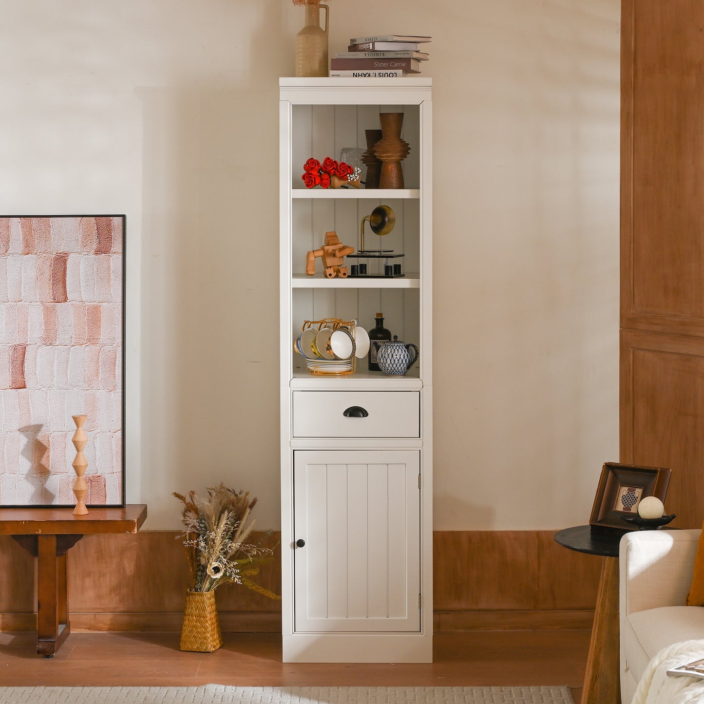 75  Freestanding Display Bookshelf, Farmhouse Bookcase With Storage & Cabinet, Small Size Wooden Organizer Pantry, For Hallways Living Room, Kitchen, Home, Office - White