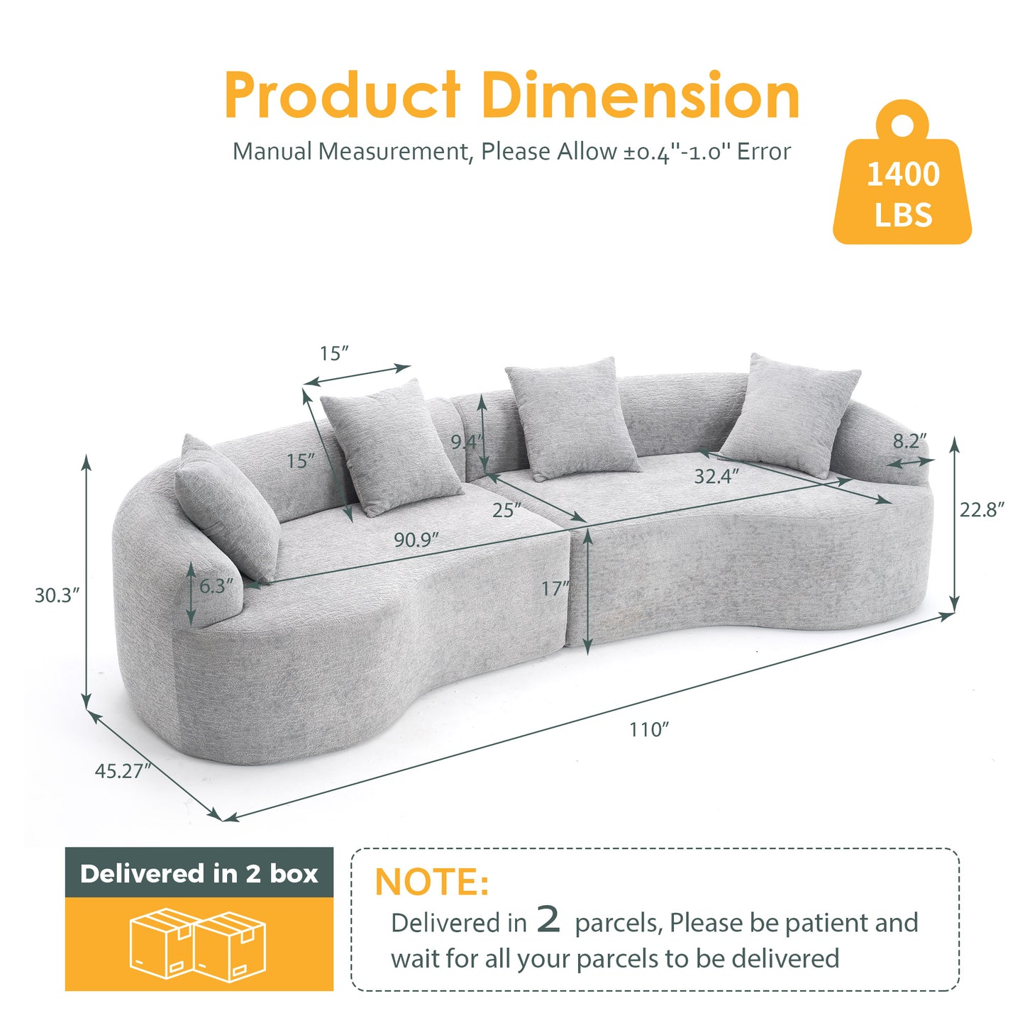 Curved Boneless Sofa Compression Modular 110'' Sectional Grey High-Density Couches Sleeper For Living Room Bedroom Apartment Lounge Chenille