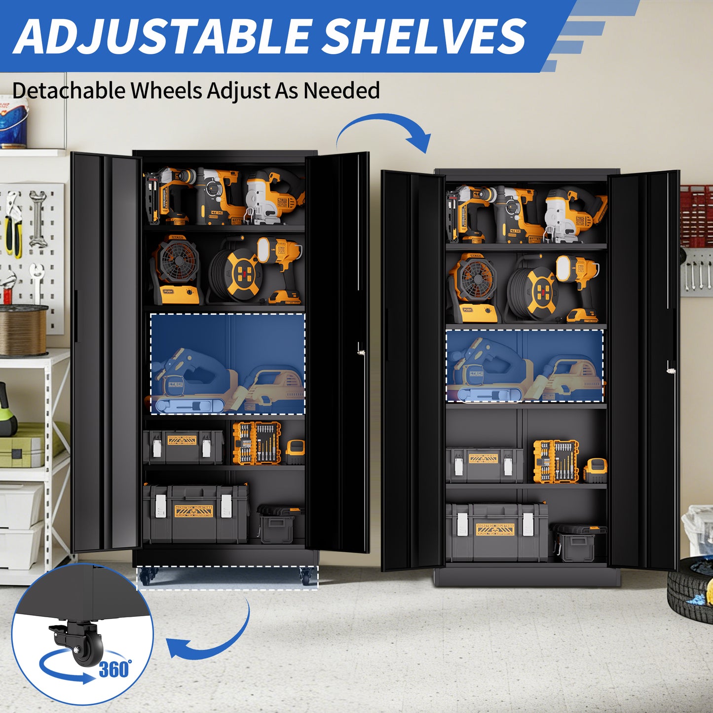 71H Metal Garage Storage Cabinet With Wheels And Lock, Heavy Duty Rolling Metal Cabinet, 4 Adjustable Shelves  180lb Each , 3-Point Locking Security, For Tool Organization In Garage, Workshop, Office