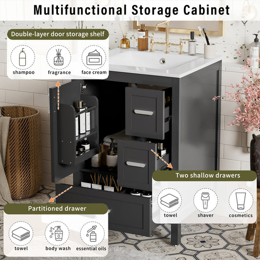 Modern 24-inch Bathroom Vanity With Ceramic Sink, Soft-Close Door, Double-Layer Door Shelf, And 3 Drawers