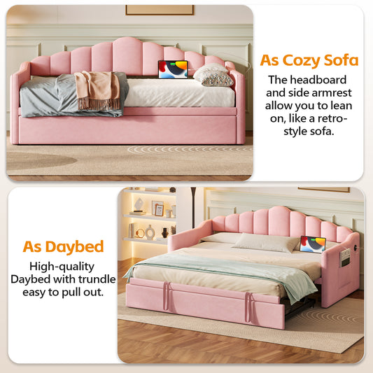 Upholstered Twin Size Daybed With Adjustable Height Pop Up Trundle Twin Bed And USB & Type-C Charging Port, Day Bed Frame With 2 Side Pockets, No Box-Spring Needed, Pink Old SKU N733S285118H