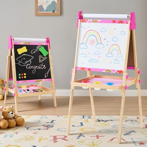Children's Easel, Paper Rolls, Height-adjustable Wooden Double-sided Magnetic Blackboard And Whiteboard Art Station