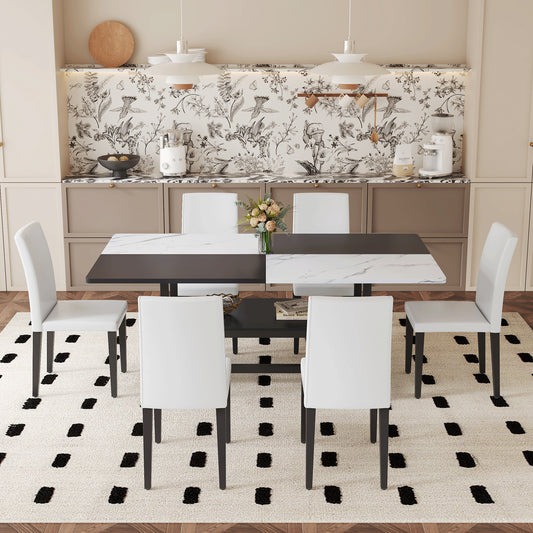 Table And Chair Set.71x35.4 Inch White And Black Spliced Dining Table With Storage Function In The Middle Of The Table Legs.Paired With 6 White PU Dining Chairs, Simple And Versatile.