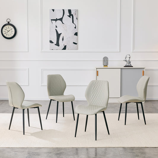 Set Of 4 Modern Light Luxury Light Gray Diamond-quilted PU Chairs With Black Metal Legs. Suitable As Upholstered Dining Chairs With Backrests For Dining Rooms, Adaptable To A Wide Range Of Scenarios.