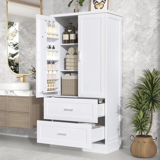 Tall Bathroom Storage Cabinet, Cabinet With Two Doors And Drawers, Adjustable Shelf, MDF Board, White, Two Packages Old SKU N725P178675K
