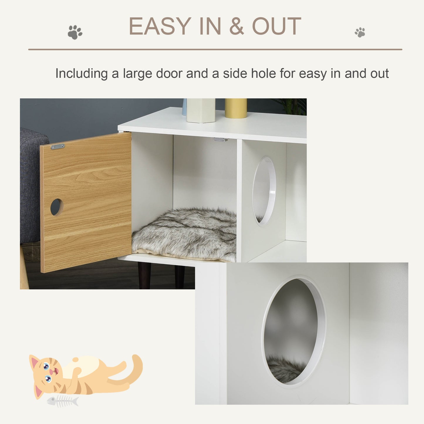 Wooden Cat House With Soft Cushion, Decorative Kitten Condo Side Table, Elevated Pet House With Storage Space
