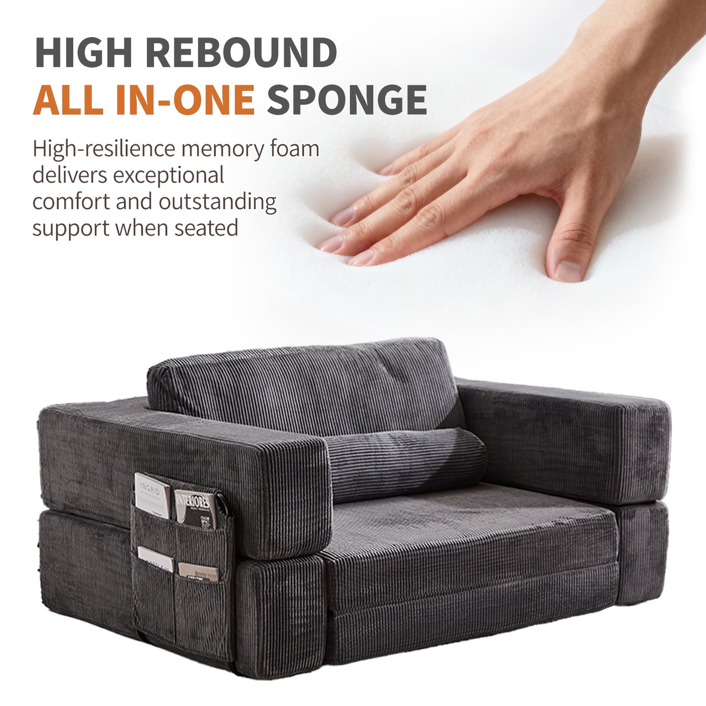 Foldable Castle Sofa Modular PlayCouchfor Living Room & Bedroom Instant Expansion Comfortable &Creative Design Furniture Seater With One Side Seat,Dark-Grey.