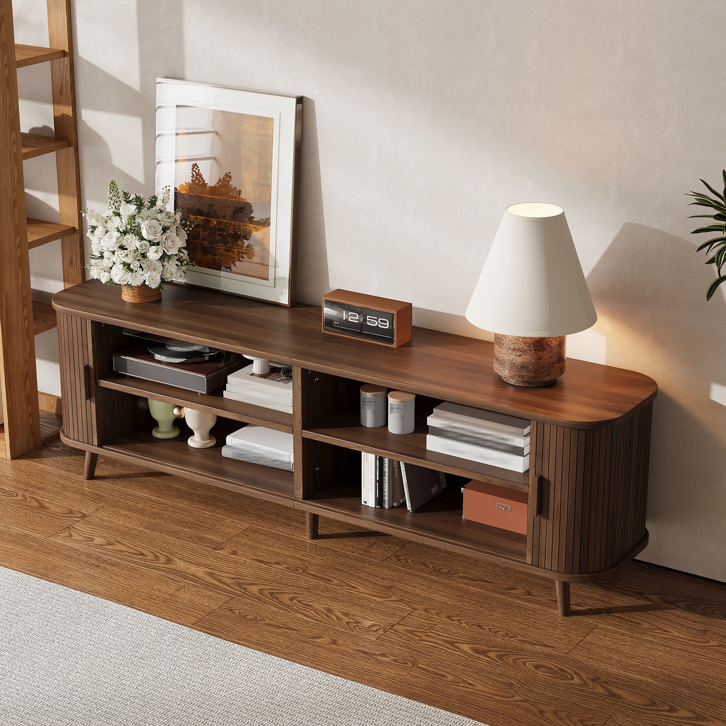 70-inch Modern TV Stand For TVs Up To 80 Inches For Living Room, Media Entertainment Center With Ample Storage & Solid-Wood Legs