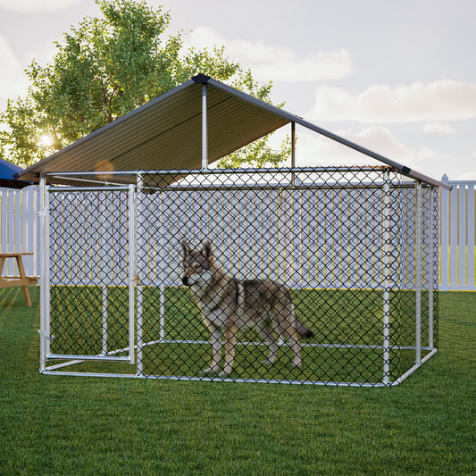 7.5'x7.5' Outdoor Heavy Duty Dog Kennel For Large Dogs, Rust-Proof Coated Wire Mesh Dog Cage With Sturdy Metal Roof, Secure Lock & All Weather Metal Enclosure