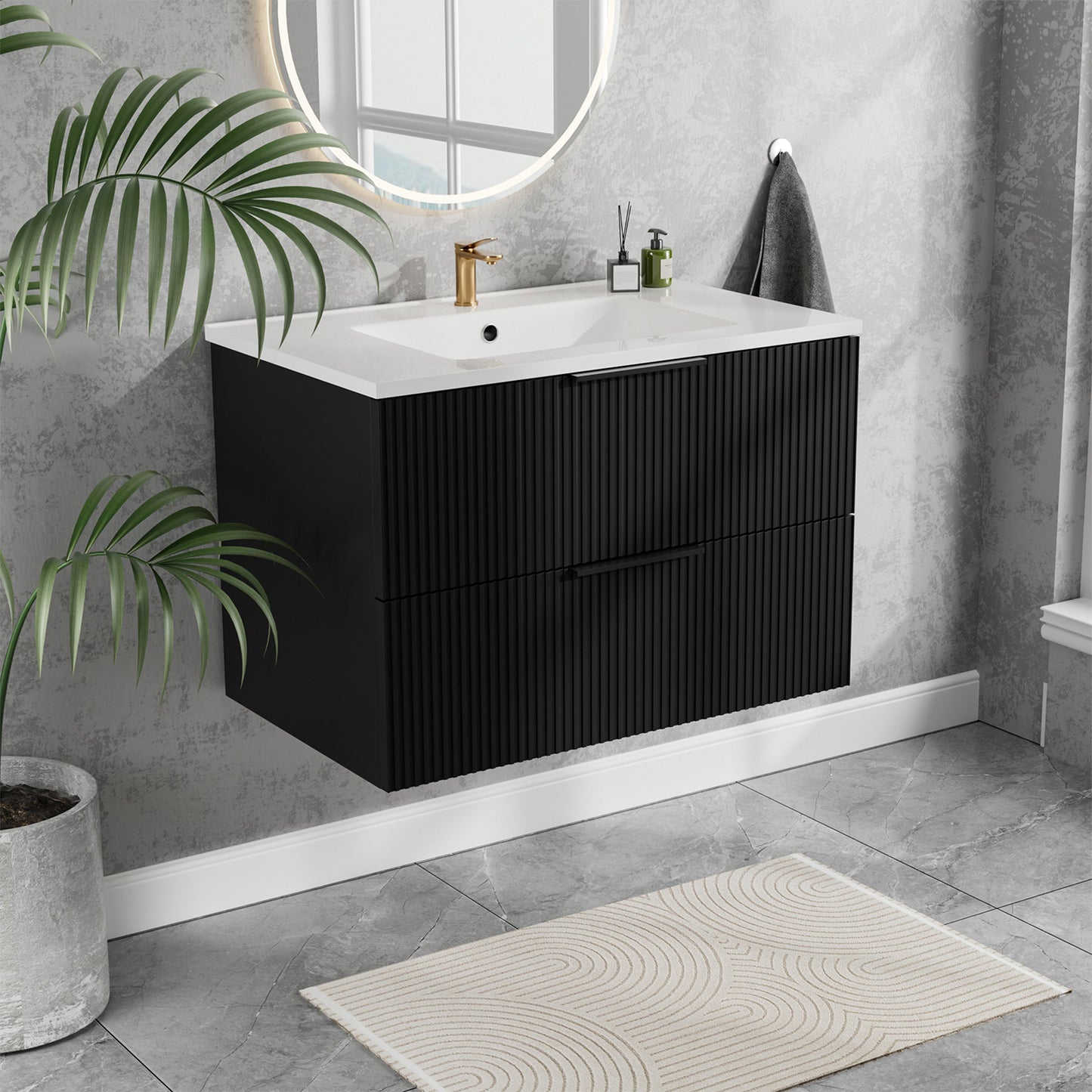 30 Inch Bathroom Vanity Cabinet With Ceramic Sink - Black Wall Mounted Floating Fluted Vanity With Drawers  Modern