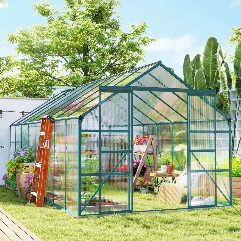 Aluminum Greenhouse Polycarbonate Walk-in Garden Greenhouse Kit With Adjustable Roof Vent, Rain Gutter And Sliding Door For Winter, Clear