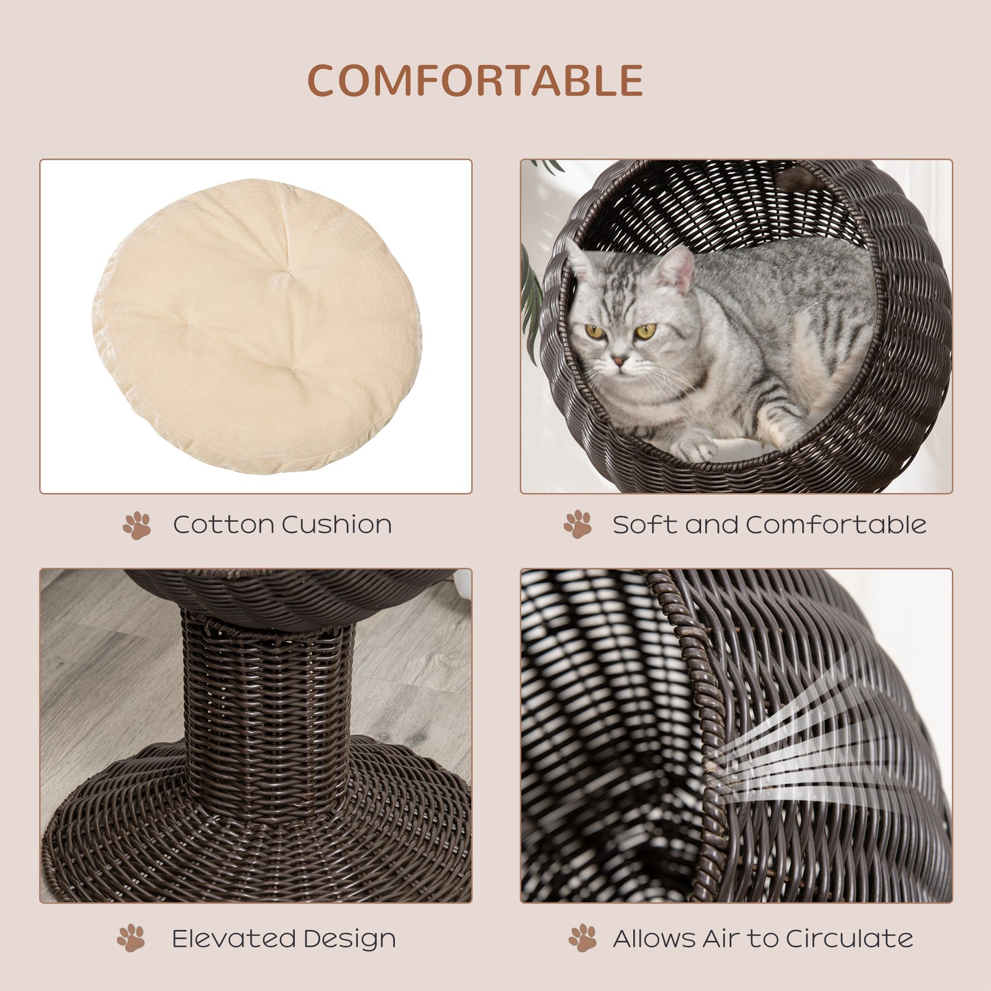 27 Elevated Cat Bed Rotatable Egg Chair Pod Thick Cushion Natural Mat Grass Woven Coffee